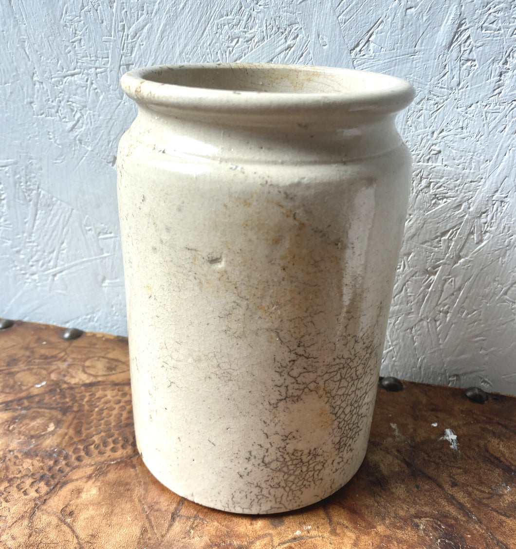 vintage Stone marmalade pot with cream glaze and dark grey crazing